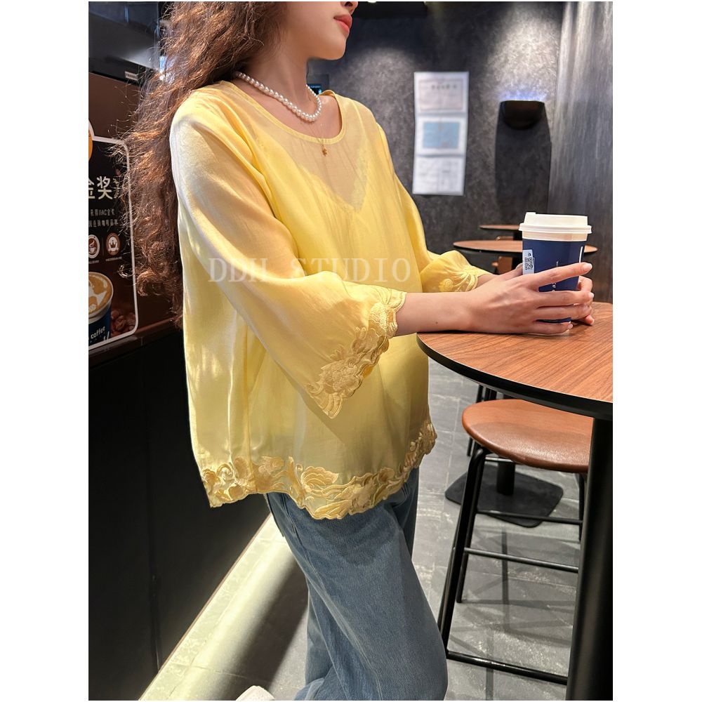 New Chinese style Jade Rabbit Koi Carp Loose Five Sleeve Retro Sunscreen Tencel Shirt Top for Spring Summer 2025 image 20