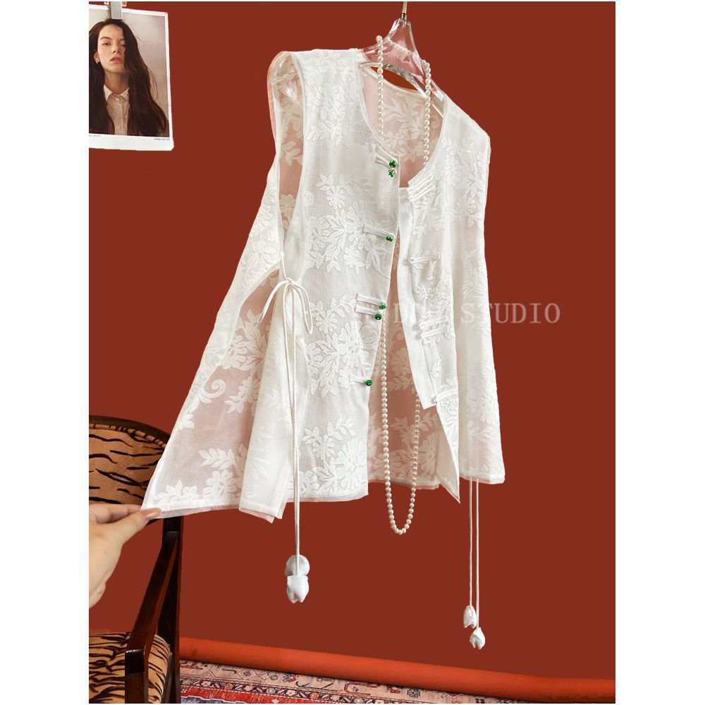 New Chinese style silk organza jacquard loose vest improved design lace up buttoned waistcoat top image 1