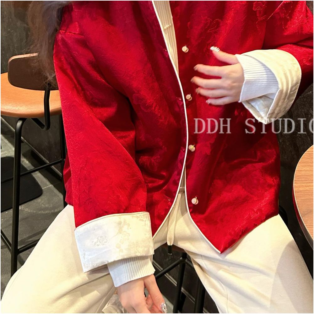 New Chinese style whitening acetic acid New Year red jacquard cotton coat light luxury retro winter cotton coat women s top image 1