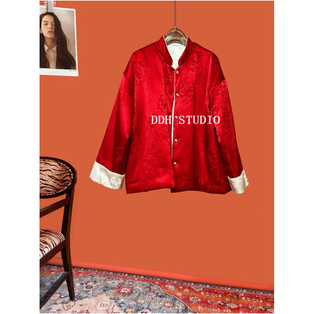 New Chinese style whitening acetic acid New Year red jacquard cotton coat light luxury retro winter cotton coat women s top image 9