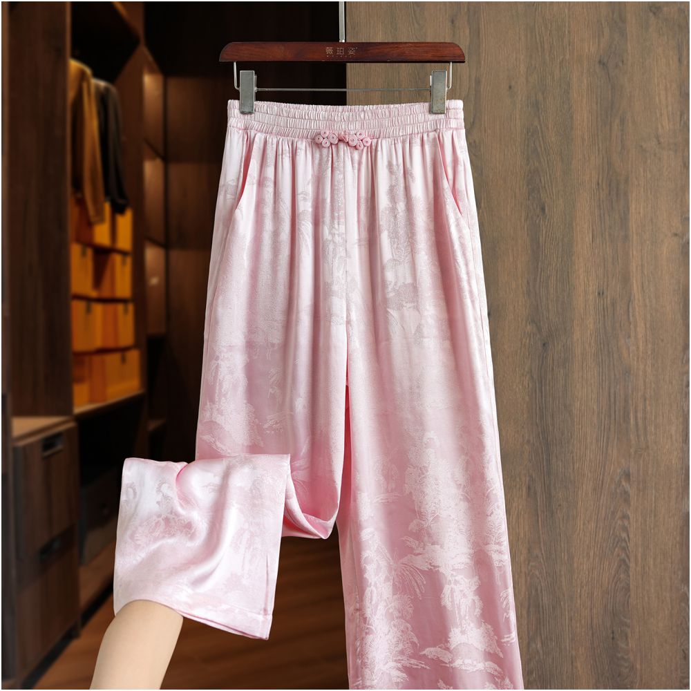 Retro jacquard new Chinese style loose straight leg pants with buckle women s new commuting style slim and floor hugging high waisted casual wide leg pants image 0