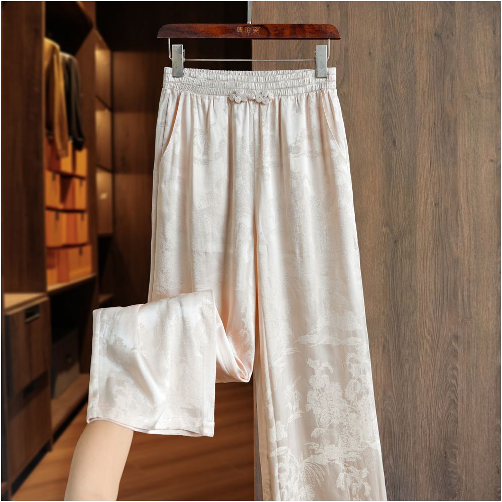 Retro jacquard new Chinese style loose straight leg pants with buckle women s new commuting style slim and floor hugging high waisted casual wide leg pants image 9