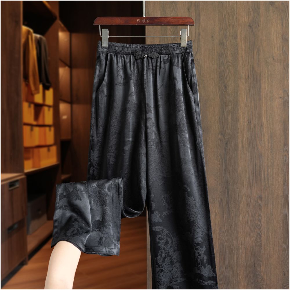 Retro jacquard new Chinese style loose straight leg pants with buckle women s new commuting style slim and floor hugging high waisted casual wide leg pants image 18