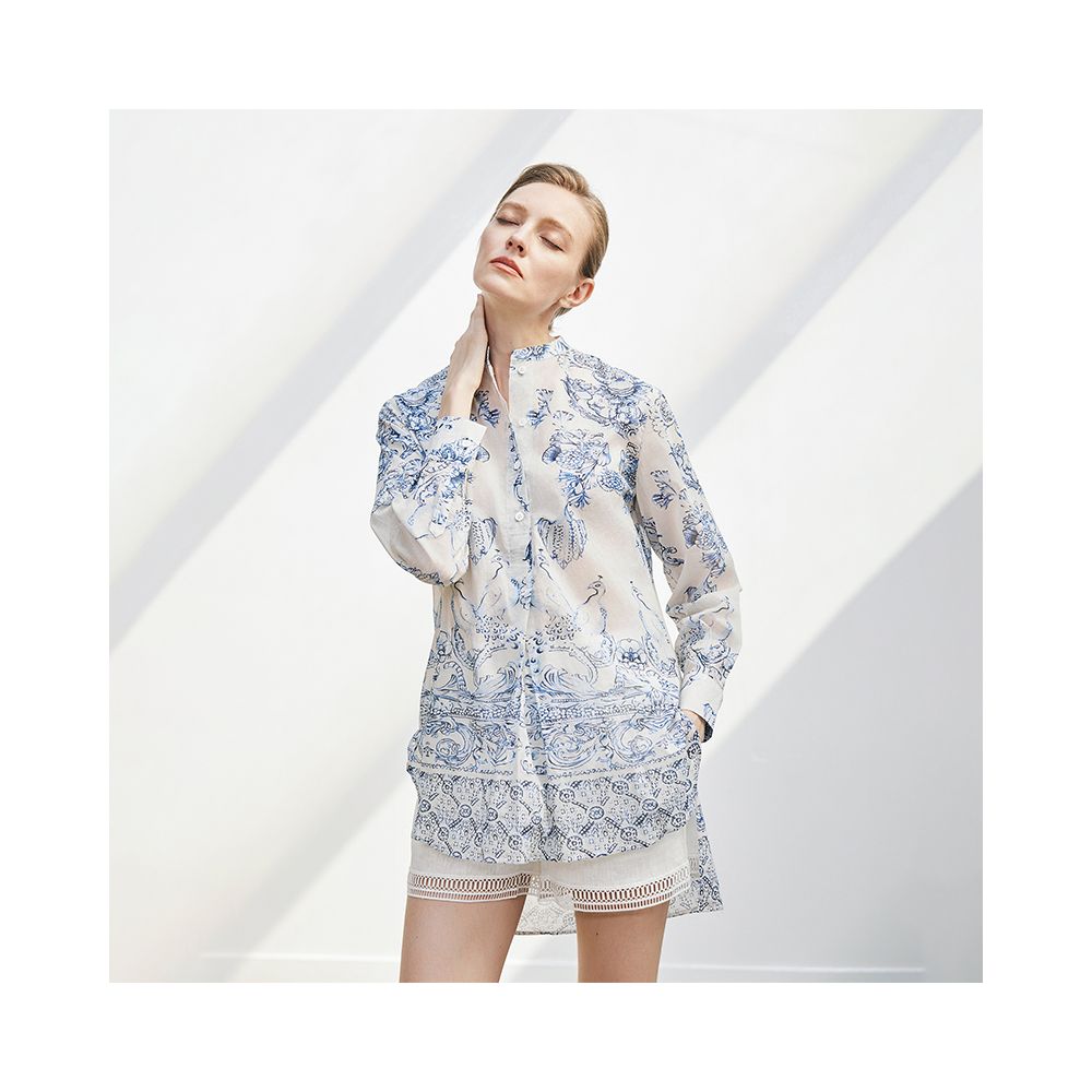 QIQIFUR new Chinese blue and white porcelain shirt early autumn new style national style printed small shirt top light shirt women image 2