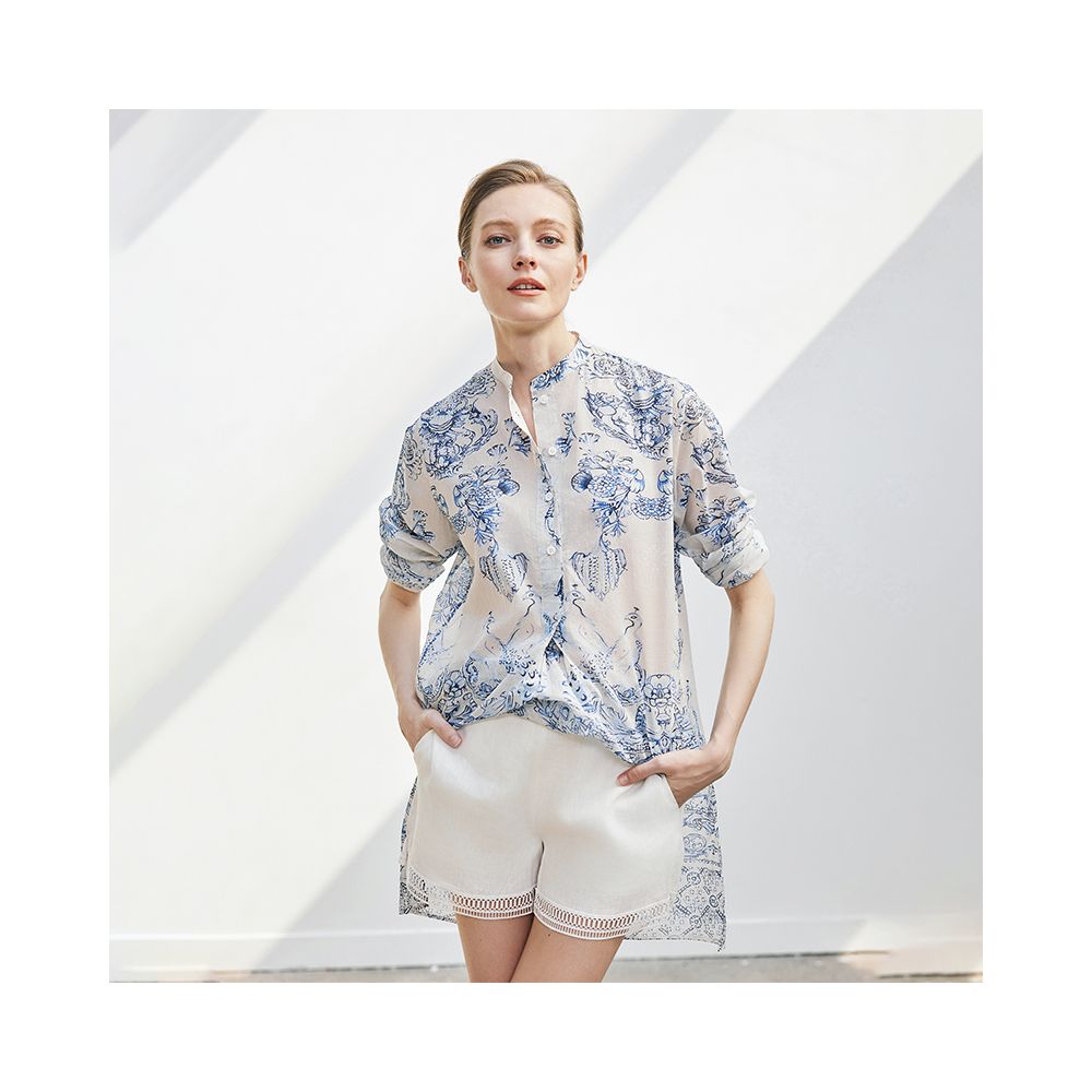 QIQIFUR new Chinese blue and white porcelain shirt early autumn new style national style printed small shirt top light shirt women image 3