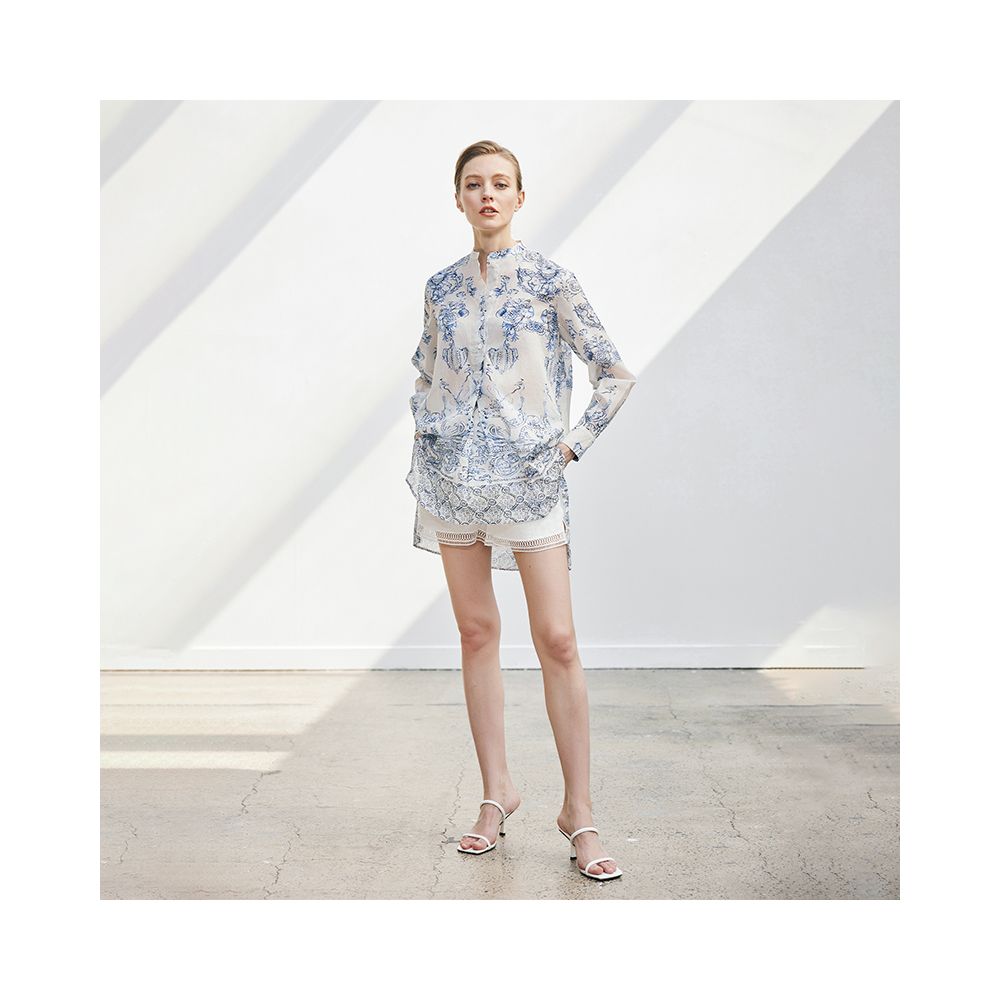 QIQIFUR new Chinese blue and white porcelain shirt early autumn new style national style printed small shirt top light shirt women image 4