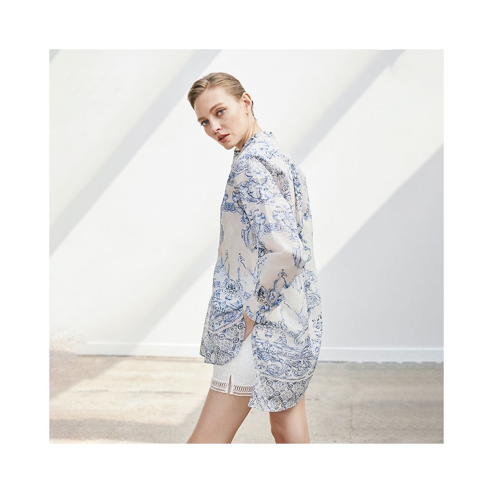 QIQIFUR new Chinese blue and white porcelain shirt early autumn new style national style printed small shirt top light shirt women image 5