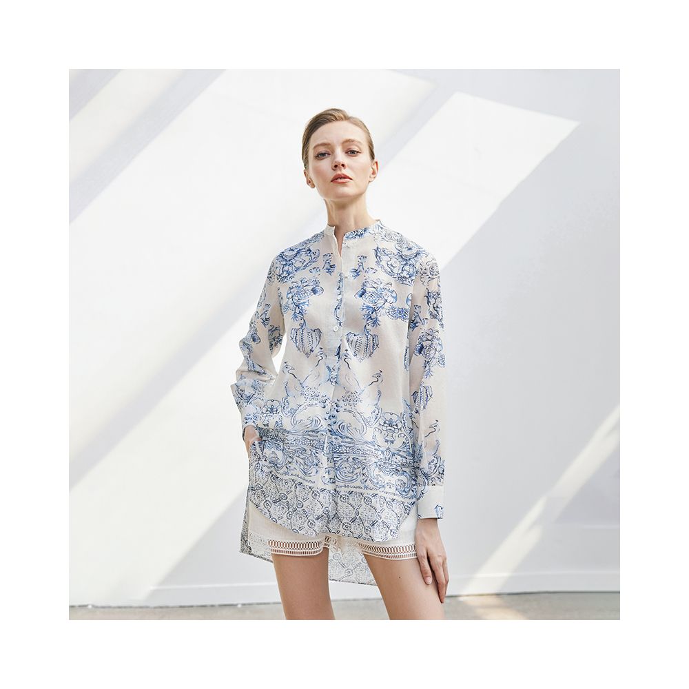 QIQIFUR new Chinese blue and white porcelain shirt early autumn new style national style printed small shirt top light shirt women image 8