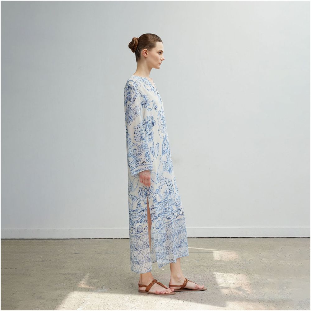 QIQIFUR Blue and White Porcelain Silk Dress Women s Early Autumn Chinese Style New Chinese Long Sleeve Mulberry Silk Printed Long Skirt image 2