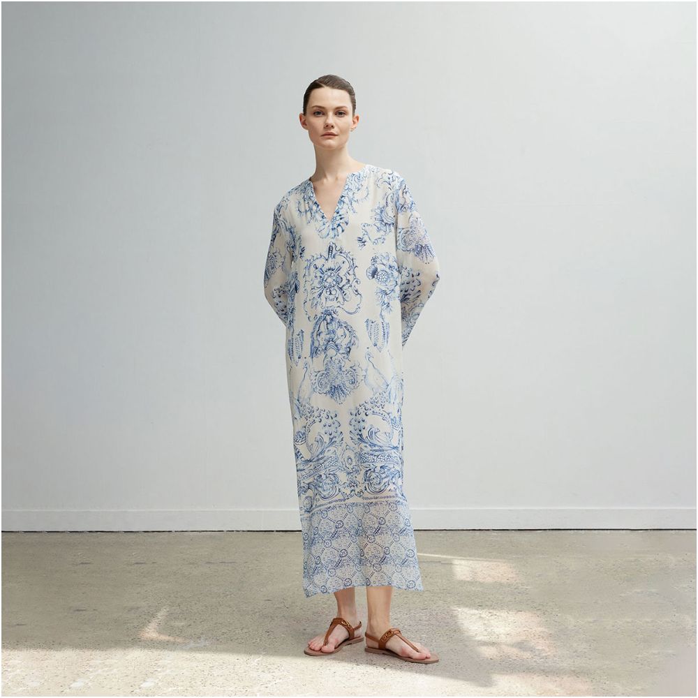 QIQIFUR Blue and White Porcelain Silk Dress Women s Early Autumn Chinese Style New Chinese Long Sleeve Mulberry Silk Printed Long Skirt image 3