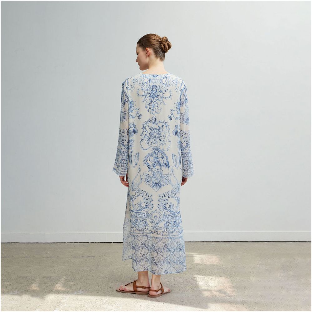 QIQIFUR Blue and White Porcelain Silk Dress Women s Early Autumn Chinese Style New Chinese Long Sleeve Mulberry Silk Printed Long Skirt image 5