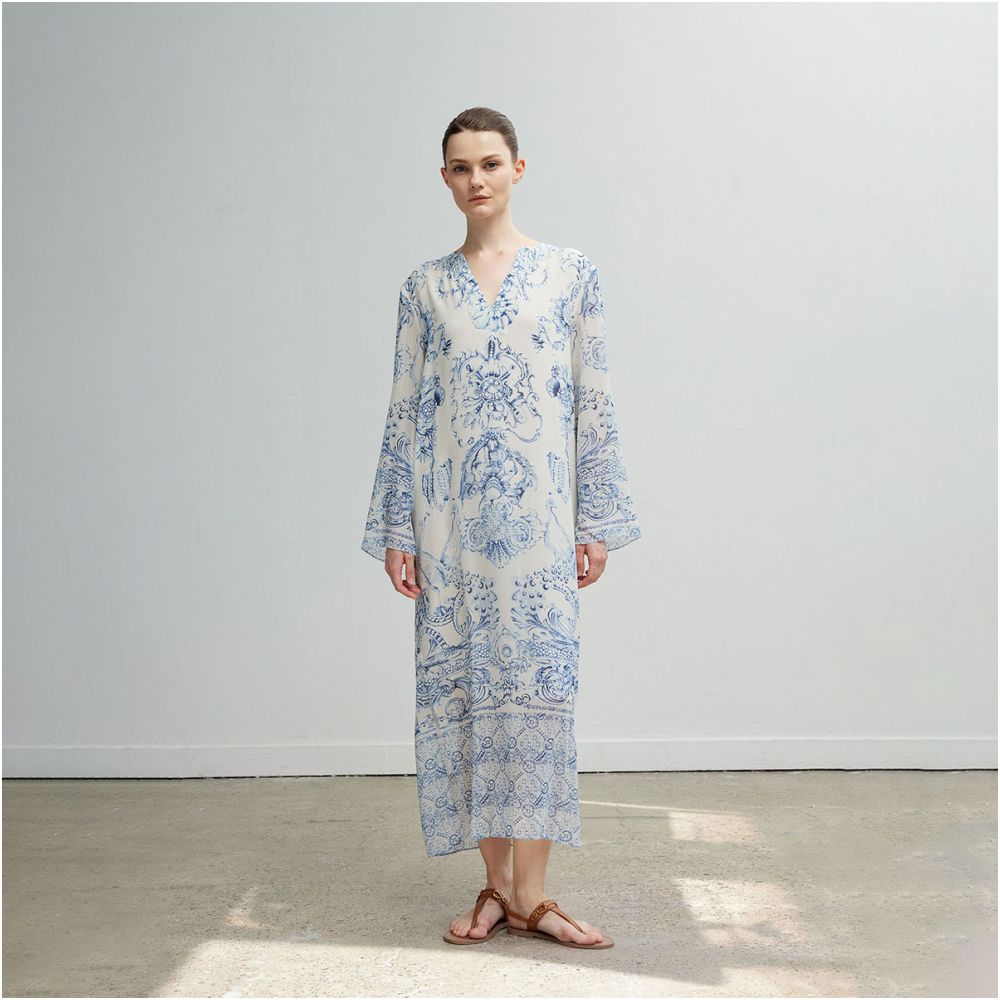QIQIFUR Blue and White Porcelain Silk Dress Women s Early Autumn Chinese Style New Chinese Long Sleeve Mulberry Silk Printed Long Skirt image 6