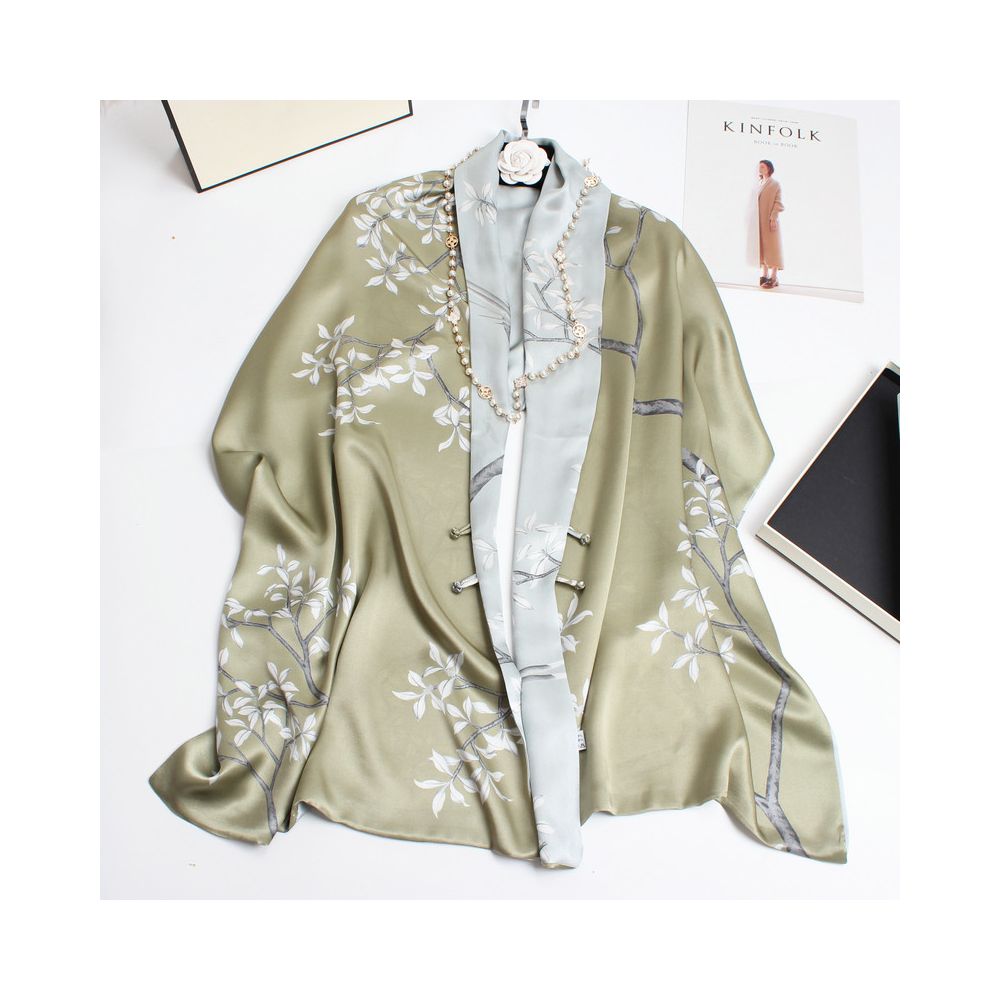Magnolia pattern mulberry silk double layer scarf for women Summer long silk shawl Business all match Morandi color image 1