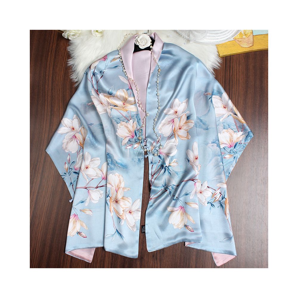 Magnolia pattern mulberry silk double layer scarf for women Summer long silk shawl Business all match Morandi color image 6
