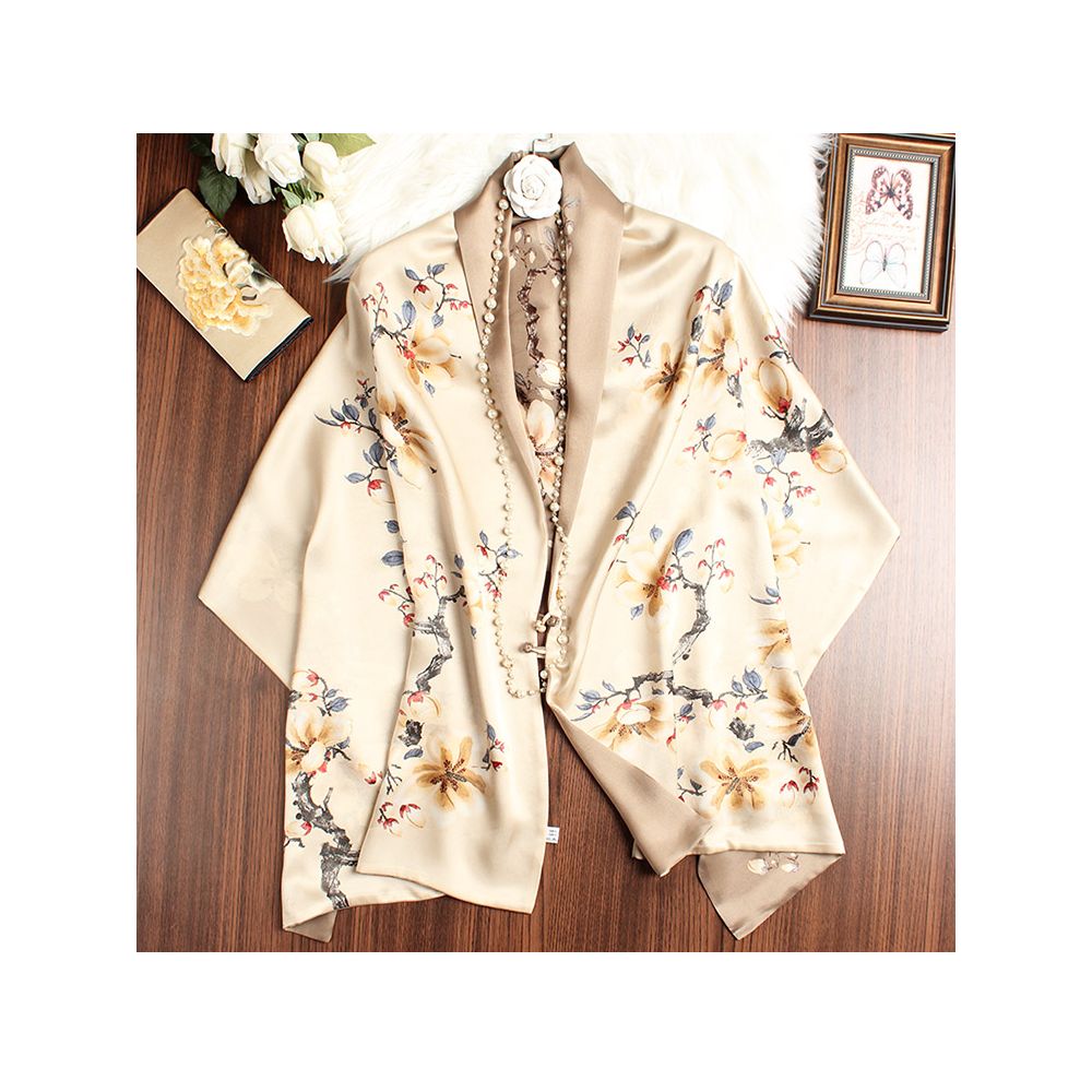 Magnolia pattern mulberry silk double layer scarf for women Summer long silk shawl Business all match Morandi color image 11