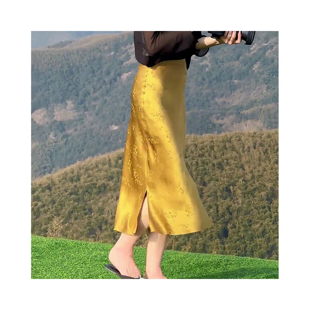 Chinese style yellow jacquard skirt for women 2025 autumn and winter new style high waist slim slit temperament versatile straight skirt image 4