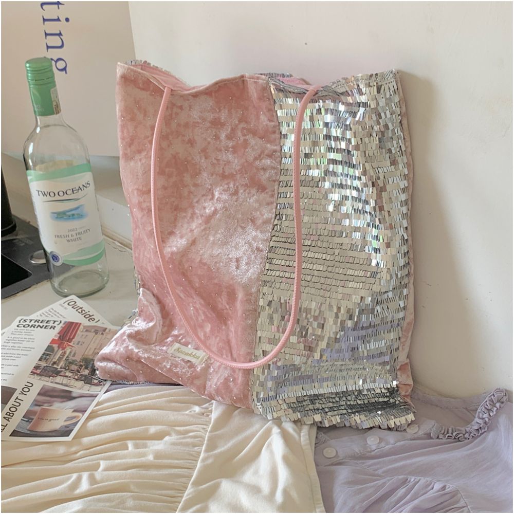 New trendy sparkling pink silver sequin niche large capacity commuting single shoulder canvas bag handbag image 1