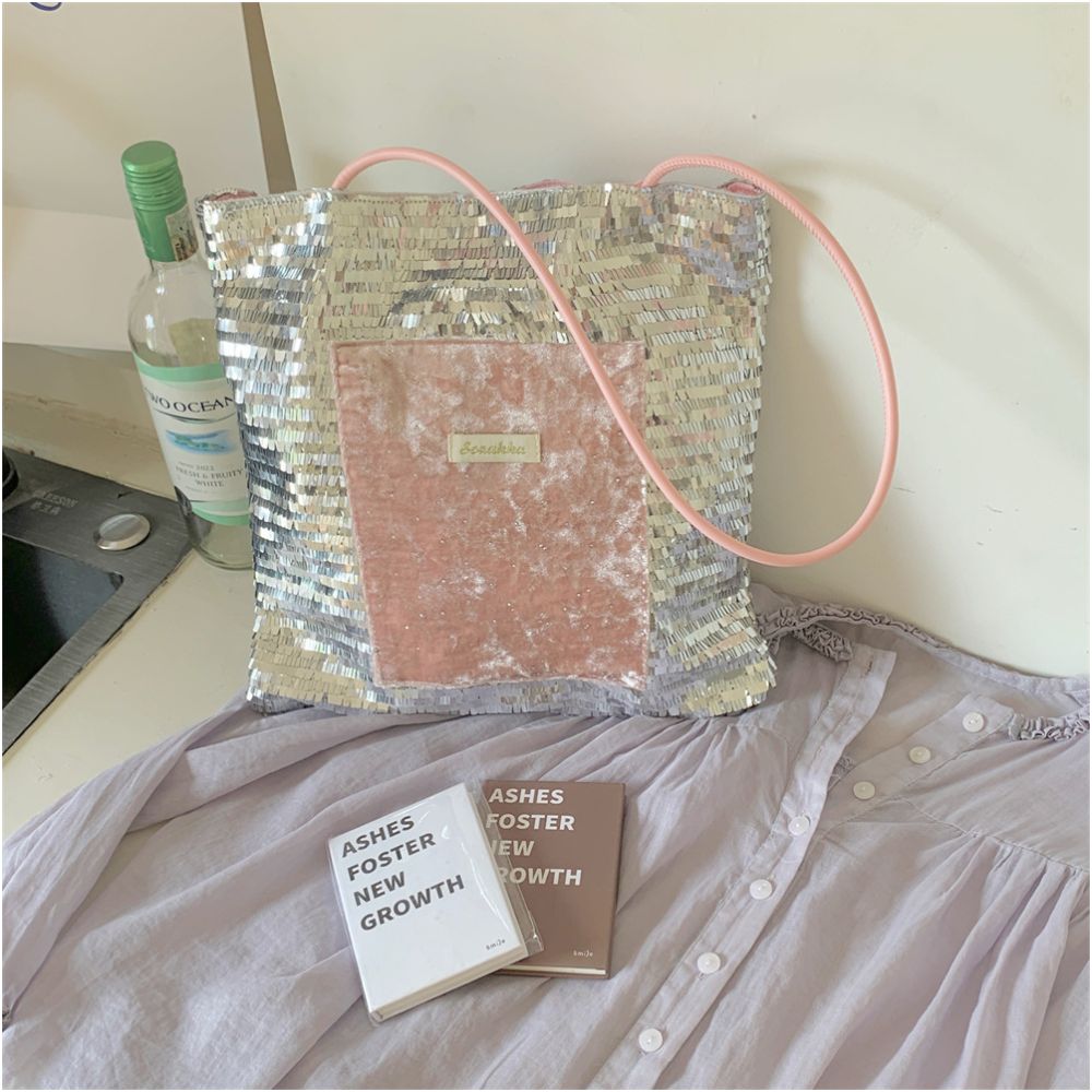 New trendy sparkling pink silver sequin niche large capacity commuting single shoulder canvas bag handbag image 7