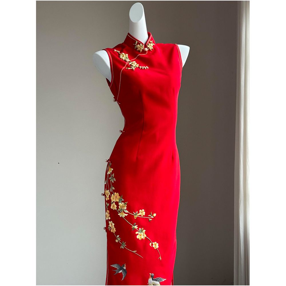 New Chinese style improved cheongsam toast dress engagement dress skirt light luxury niche high end temperament red embroidered dress image 7