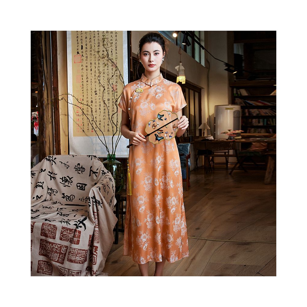 Mo Yu Shuxia Chinese style retro improved jacquard satin dartless cheongsam new Chinese style elegant daily dress image 2