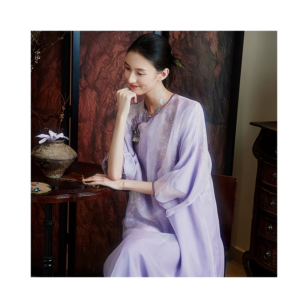 Moyu Lanzhi Chinese style 100 silk round neck plus size artistic qipao new Chinese elegant dress summer image 2