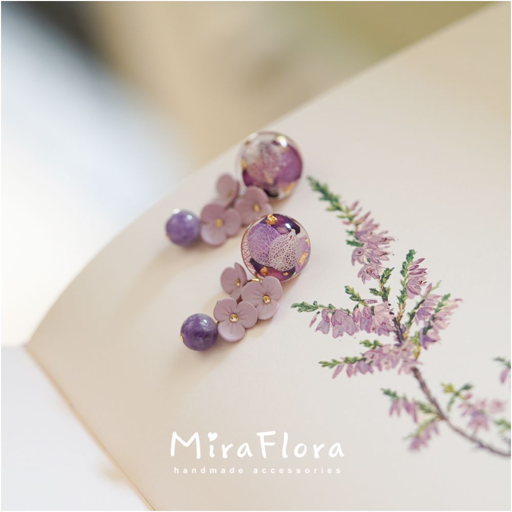 MiraFlora Original Design Amethyst Earrings Hydrangea Real Flower Petals Natural Stone Ear Clips Sterling Silver Stud Earrings image 1
