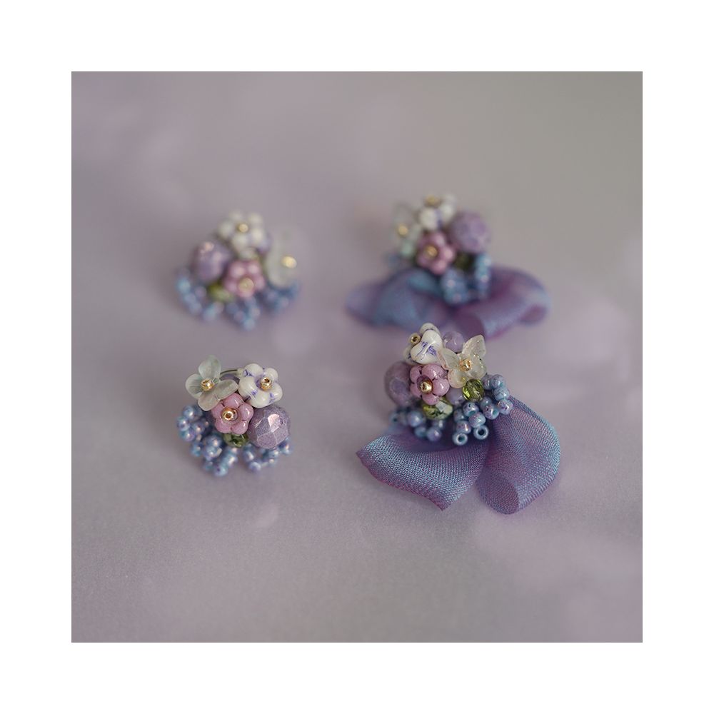 Mira Botanical Garden Endless Summer Original Czech beaded imported ribbon fantasy purple cute flower earrings image 1