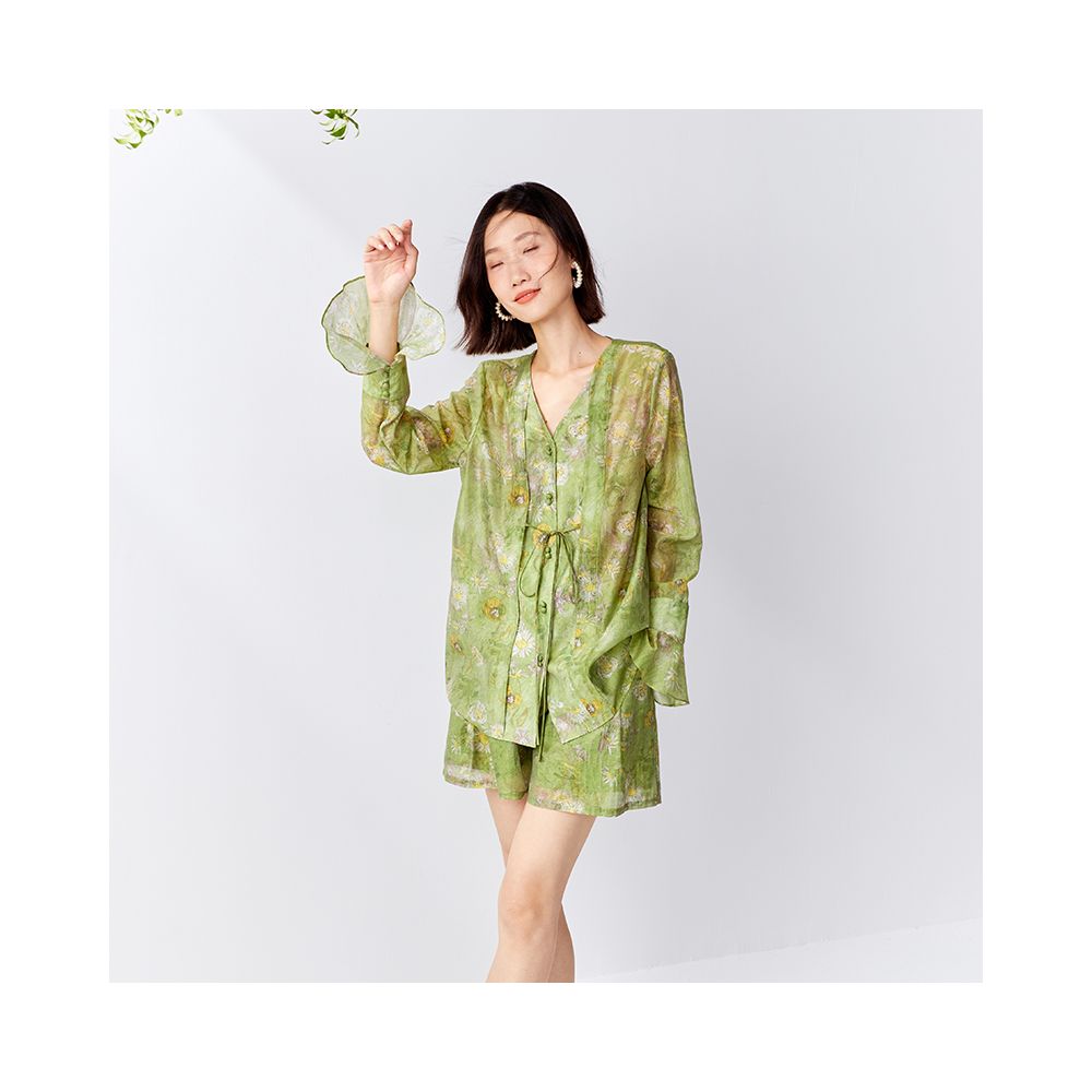 OPOF Tencel shirt women s loose shorts suit oil painting print lace up slim design 2024 spring and summer new products image 6