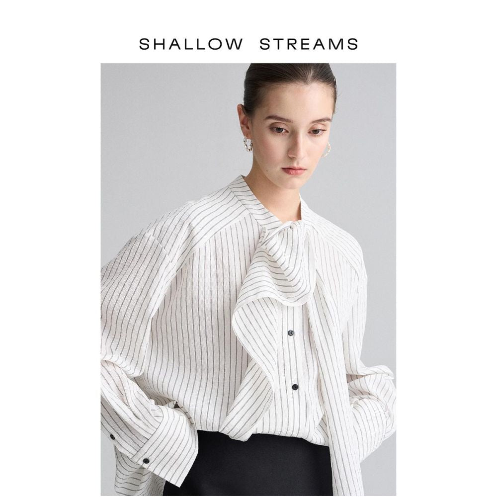 Pear vortex s sea design sense niche striped stand up collar ribbon shirt women s long sleeved western style loose chic top shirt image 0