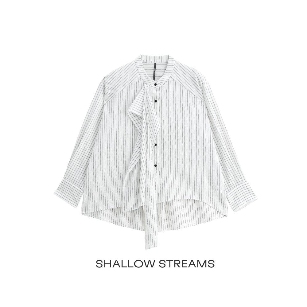 Pear vortex s sea design sense niche striped stand up collar ribbon shirt women s long sleeved western style loose chic top shirt image 8