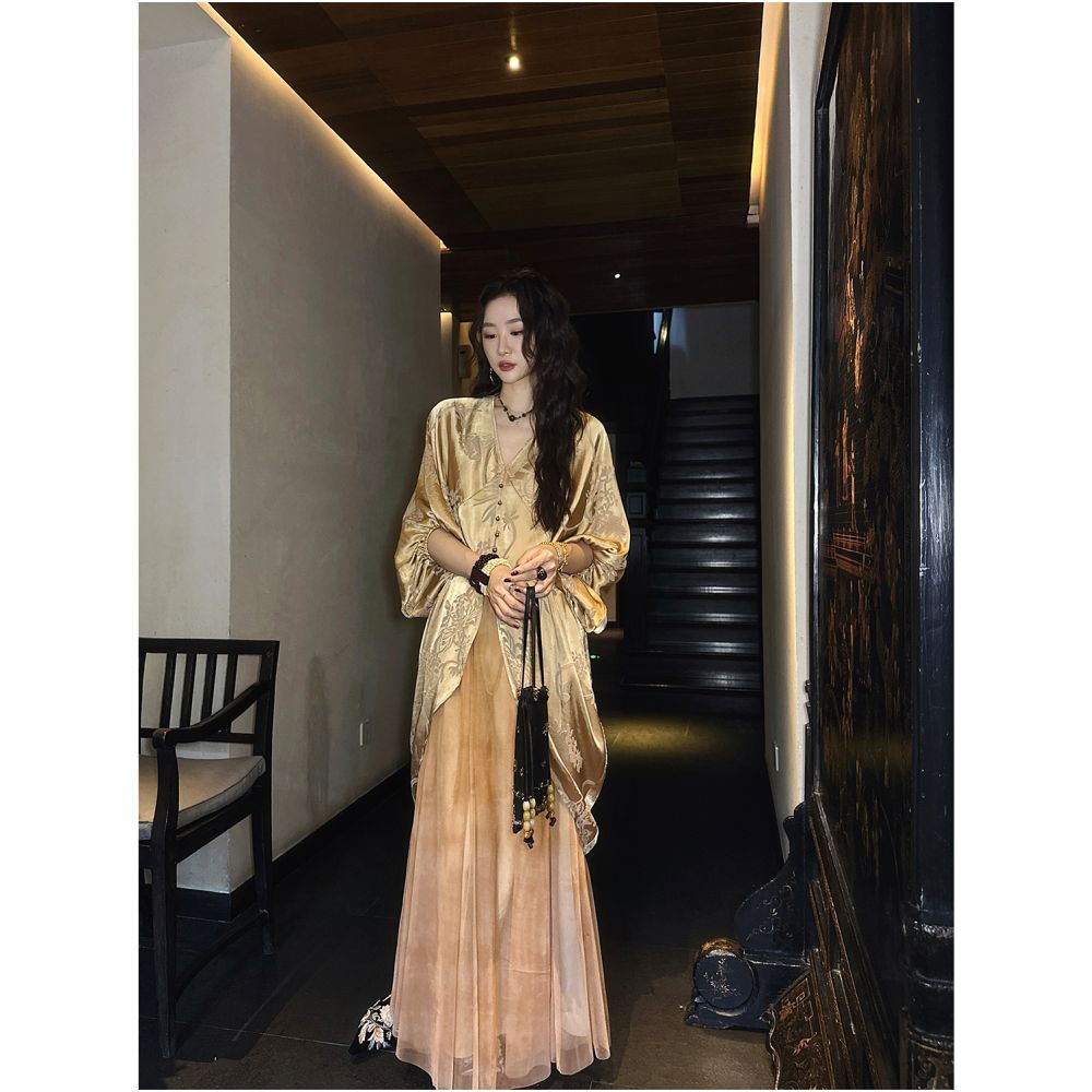 Sanji Black Flower Sleepless Chinese Style Practice Dyeing Burning Flower Autumn Fashion Dress New Chinese Banquet Long Dress image 2