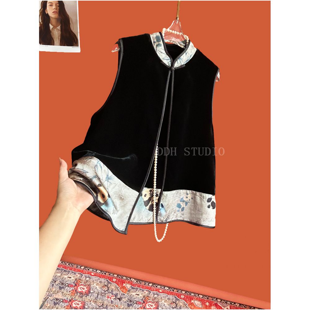 New Chinese style double sided wearing real velvet patchwork retro contrasting jacquard vest early autumn new top image 6