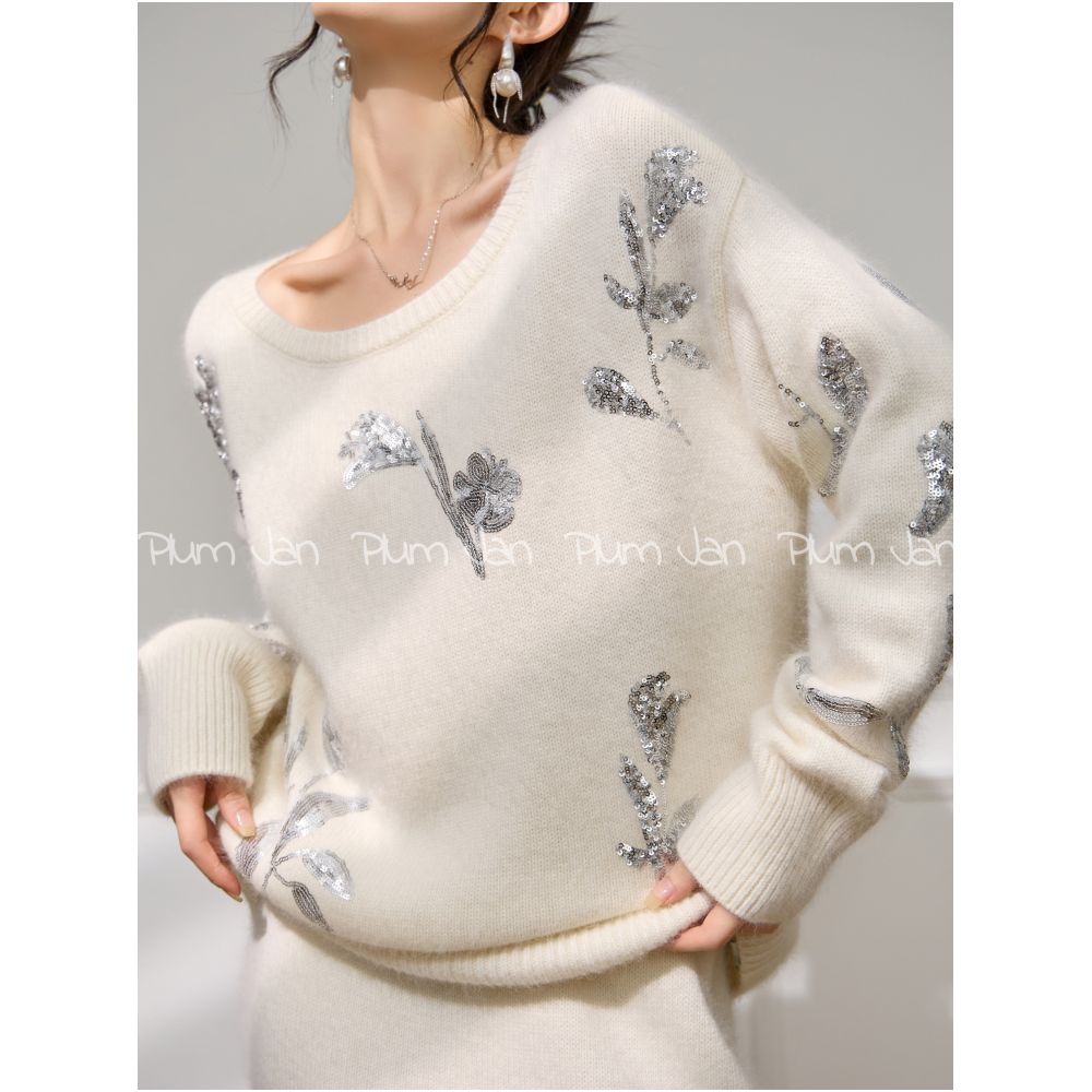 Plum Jan Early Autumn French Style Elegant Glitter Embroidered Sweater Knitwear Half Skirt Luxury Set for Women image 7