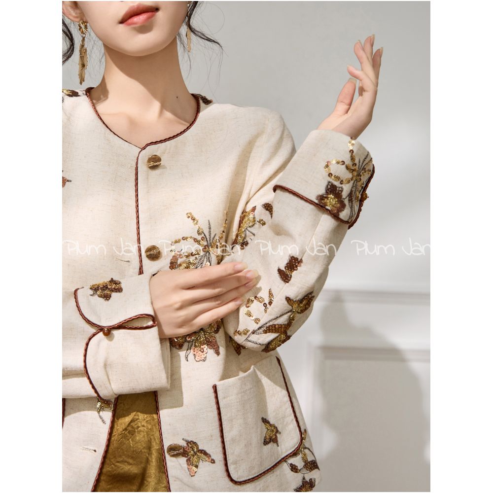 Plum Jan Early Autumn Design Chinese Style Short Coat New Look Slimming Glitter Embroidered Round Neck Chinese Style Top for Women image 1