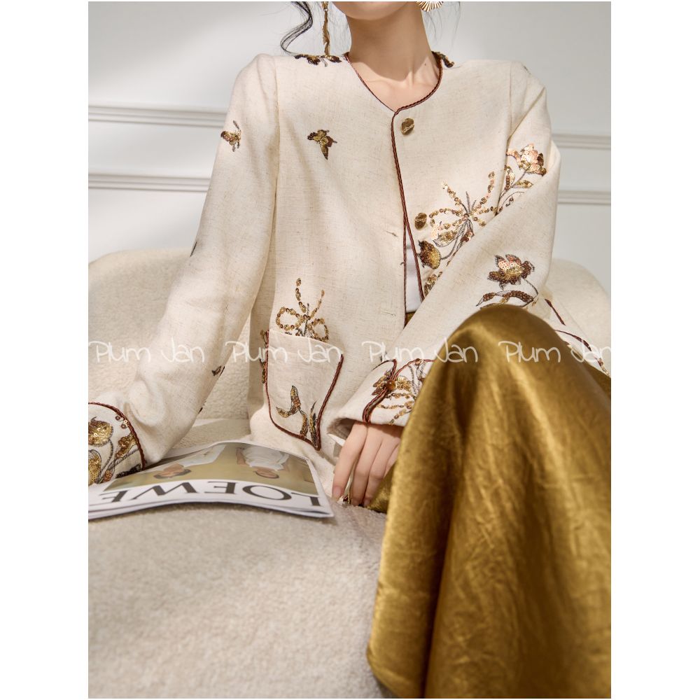 Plum Jan Early Autumn Design Chinese Style Short Coat New Look Slimming Glitter Embroidered Round Neck Chinese Style Top for Women image 2