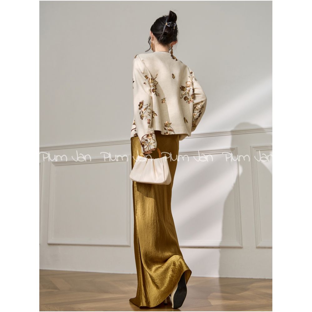 Plum Jan Early Autumn Design Chinese Style Short Coat New Look Slimming Glitter Embroidered Round Neck Chinese Style Top for Women image 3