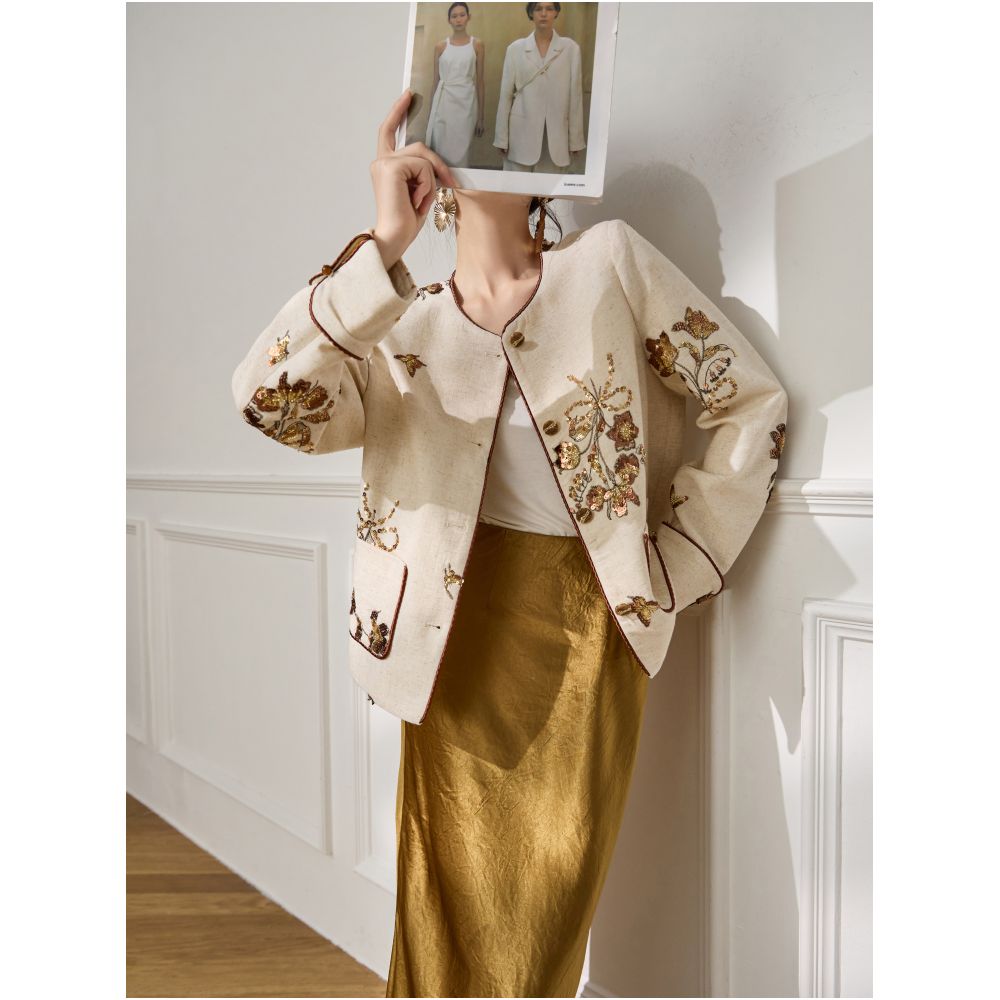 Plum Jan Early Autumn Design Chinese Style Short Coat New Look Slimming Glitter Embroidered Round Neck Chinese Style Top for Women image 4