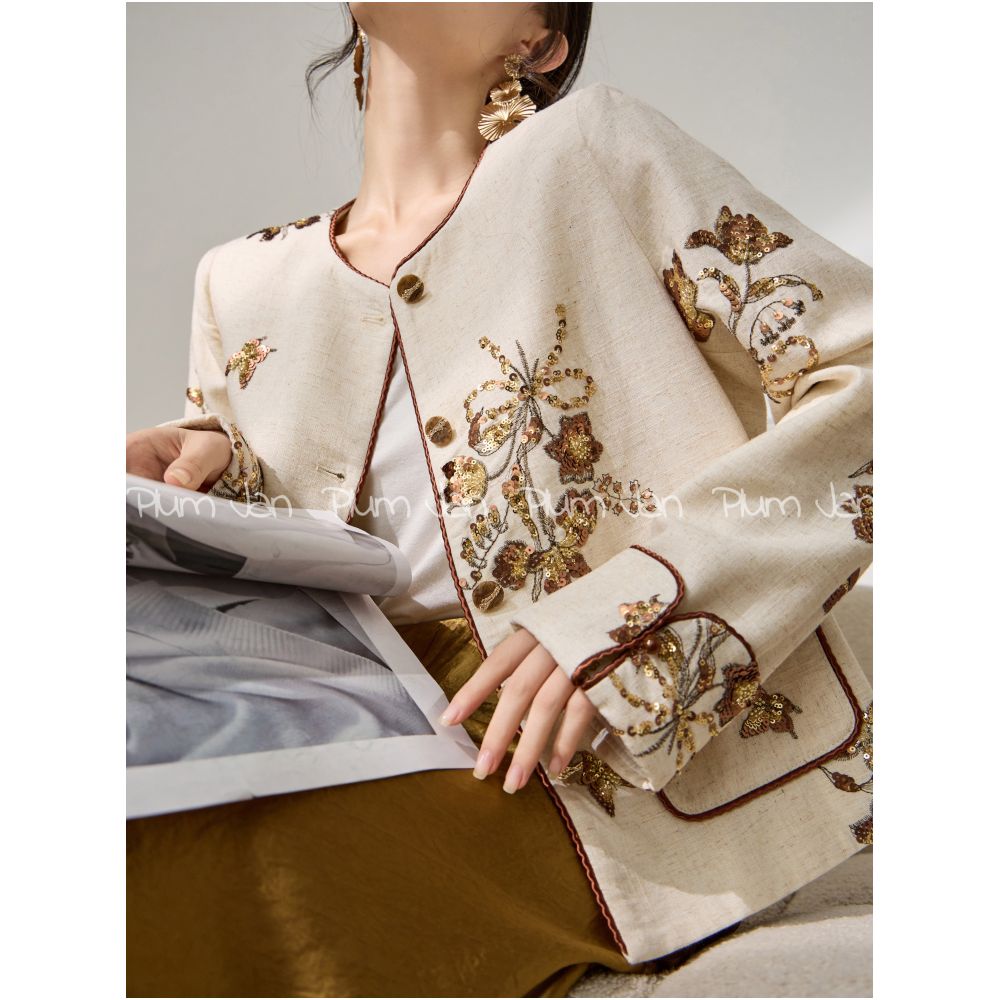 Plum Jan Early Autumn Design Chinese Style Short Coat New Look Slimming Glitter Embroidered Round Neck Chinese Style Top for Women image 5