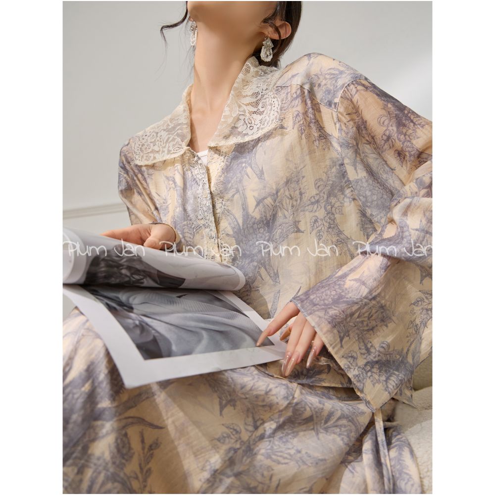 Plum Jan temperament a complete set of ootd wear lace printed shirt and skirt very beautiful early autumn suit image 2
