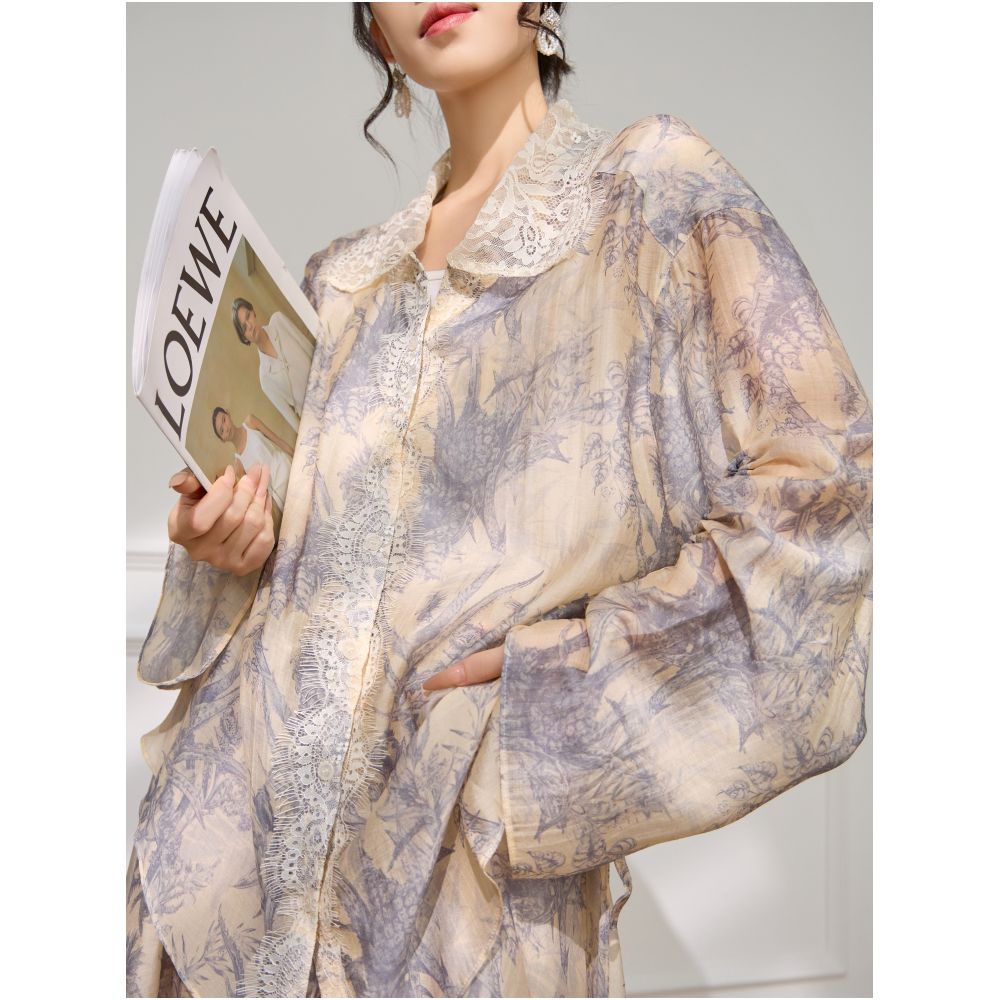 Plum Jan temperament a complete set of ootd wear lace printed shirt and skirt very beautiful early autumn suit image 6
