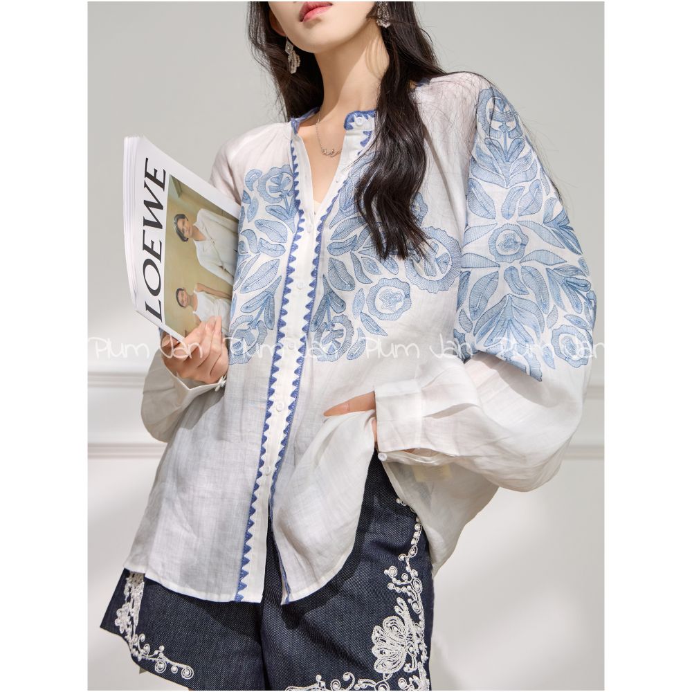Plum Jan Retro jacquard Chinese tops early autumn new loose blue embroidered ethnic style long sleeved shirt image 1
