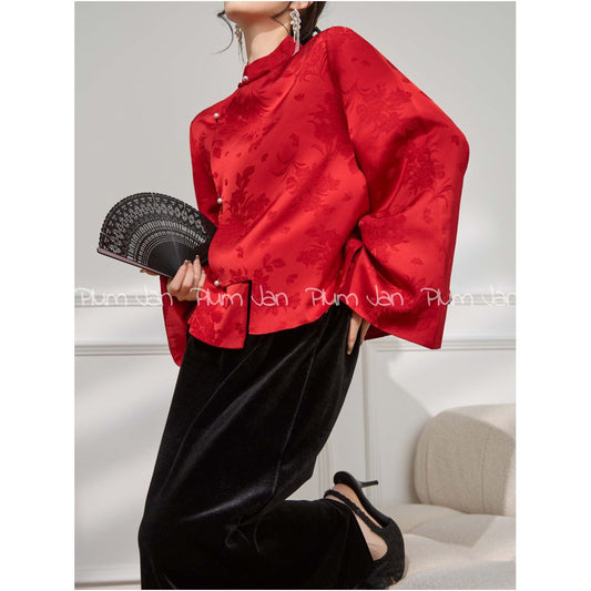 ASAYA4997 – Crimson Bloom Jacquard Top ❤️🌺