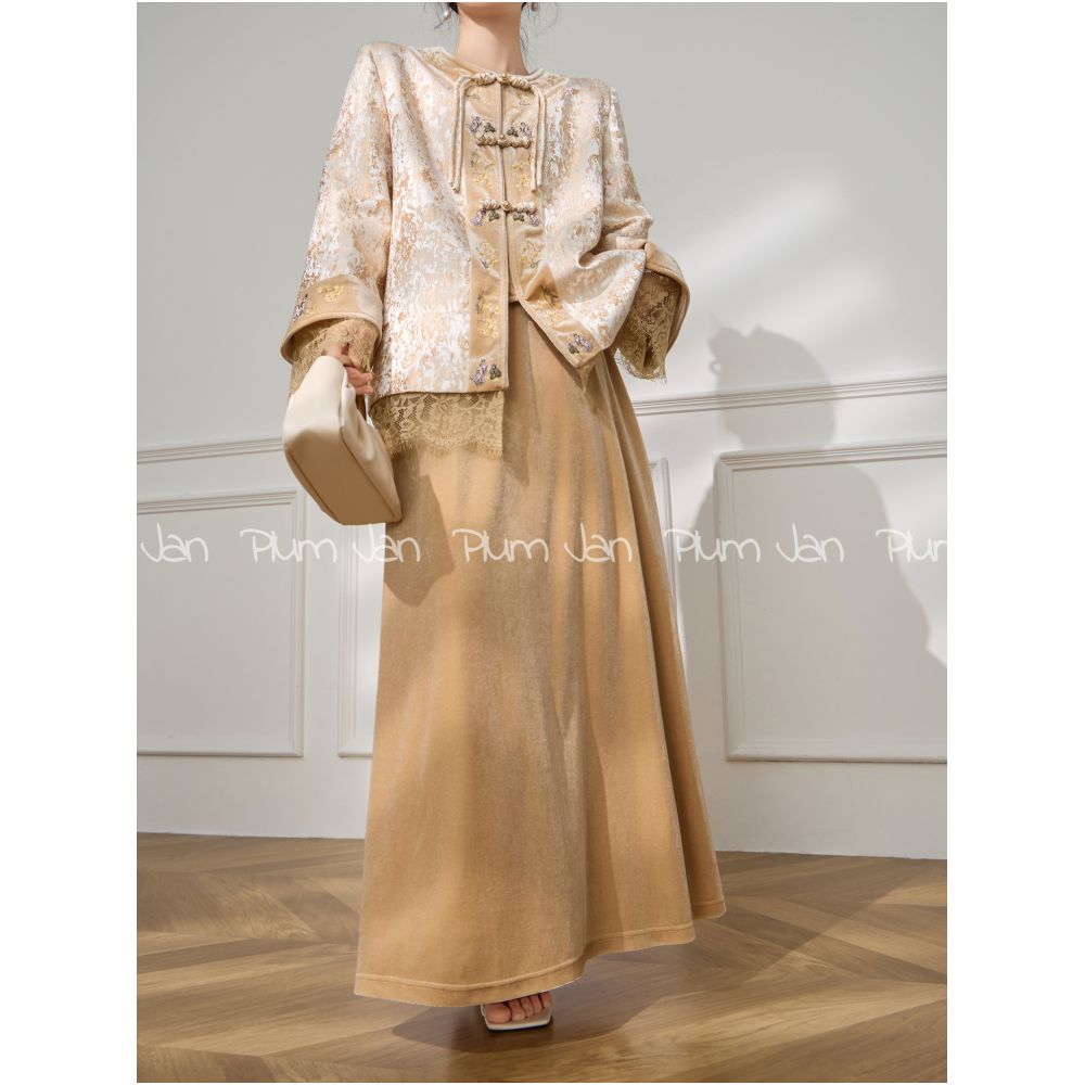 Plum Jan Early Autumn New Style Lace Hollow Splicing New Chinese Short Coat Half Skirt Set for Women image 8