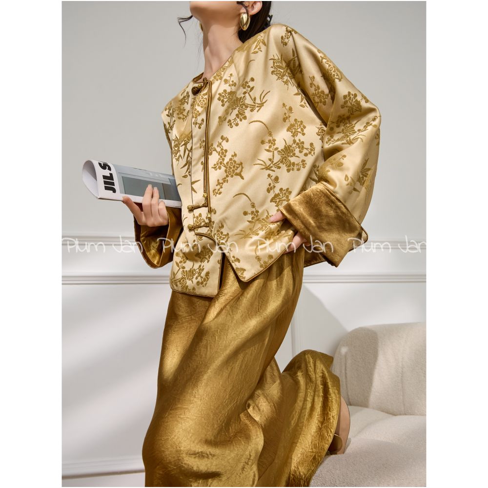 Plum Jan 2025 New Chinese Style Jacquard Temperament Splicing Button Top Women s Formal Occasion Jacket image 0