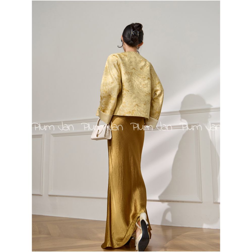 Plum Jan s new style round neck heavy jacquard design temperament light luxury loose contrast color new Chinese style jacket image 4