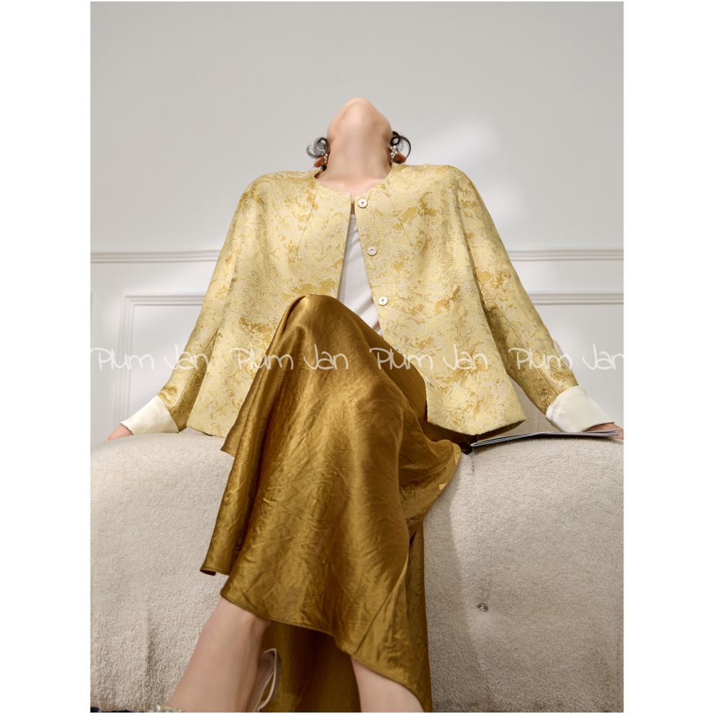 Plum Jan s new style round neck heavy jacquard design temperament light luxury loose contrast color new Chinese style jacket image 0