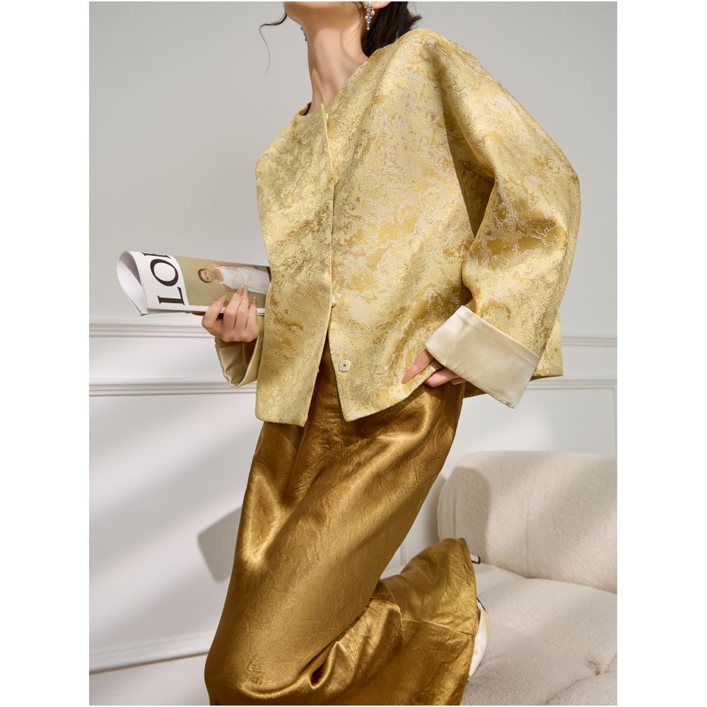 Plum Jan s new style round neck heavy jacquard design temperament light luxury loose contrast color new Chinese style jacket image 8