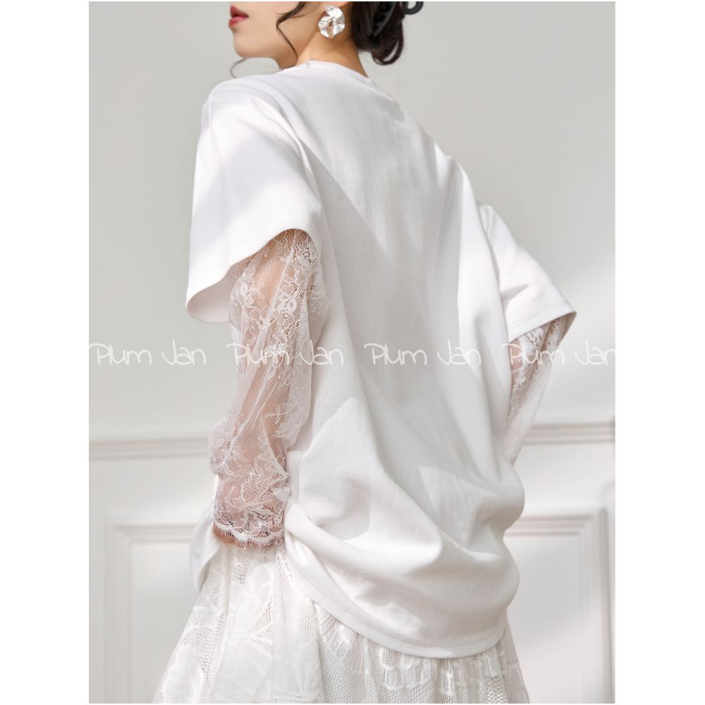 Plum Jan Unique and Beautiful Early Summer Small Top Lace Splicing Long Sleeve T shirt Women s White Shoulder Versatile Short Sleeve image 3