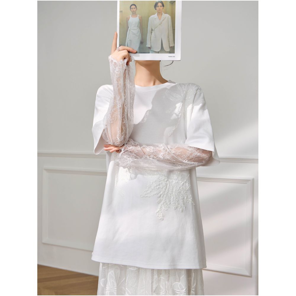 Plum Jan Unique and Beautiful Early Summer Small Top Lace Splicing Long Sleeve T shirt Women s White Shoulder Versatile Short Sleeve image 4