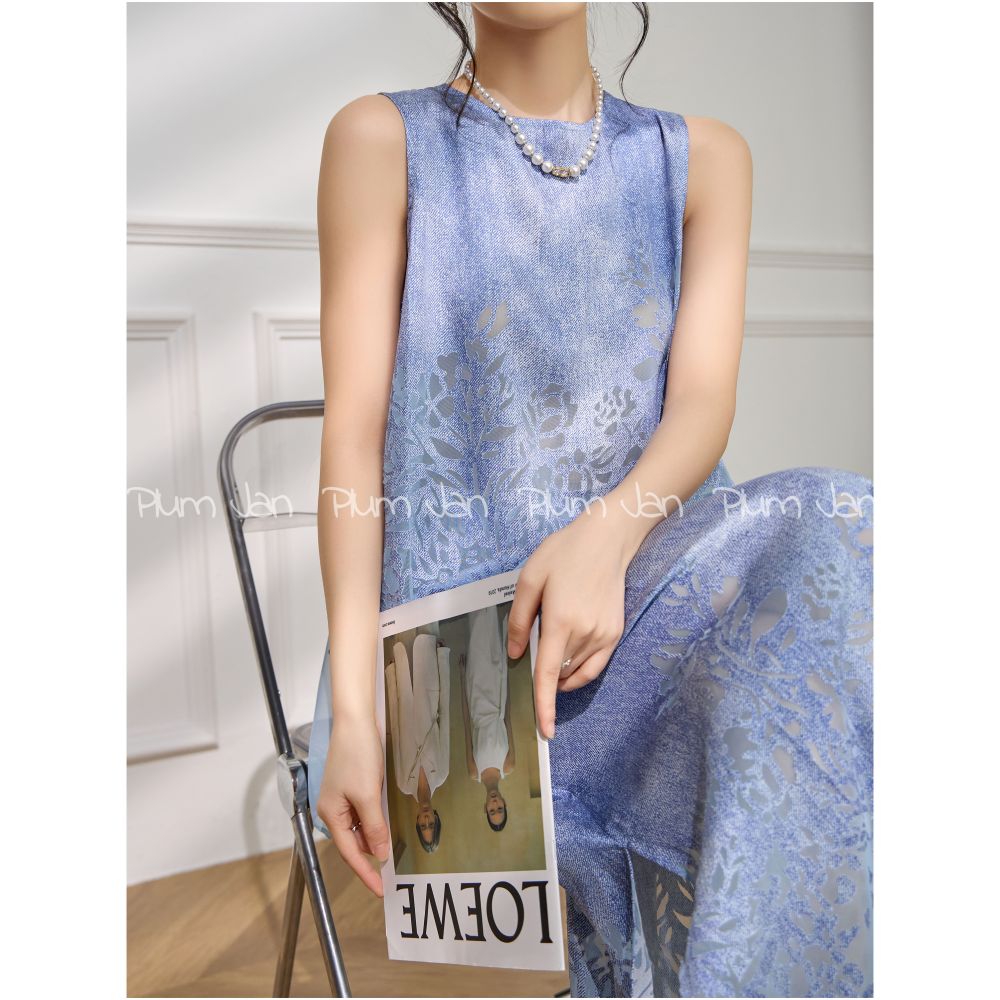 PlumJan New Chinese Embroidered Vest Set Blue Mesh Splicing Summer Women s Two piece Set image 1